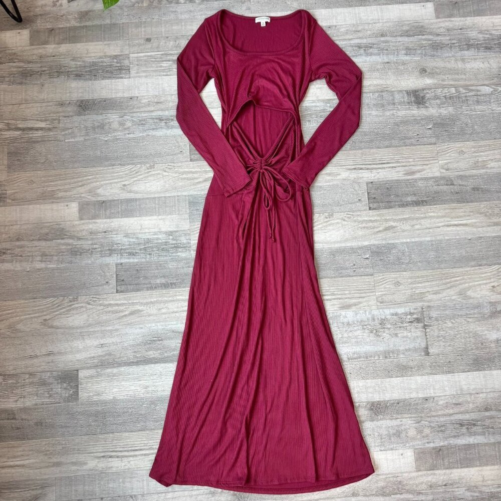 Earthbound Trading Red Ribbed Long Sleeve Maxi Dress Front Cutout B30